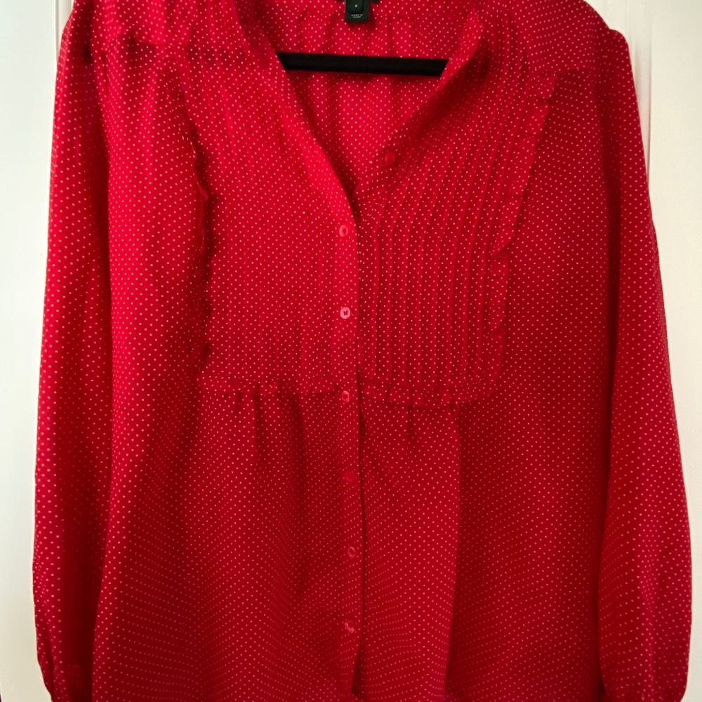 Red polka dot sheer blouse with ruffle front, JCrew